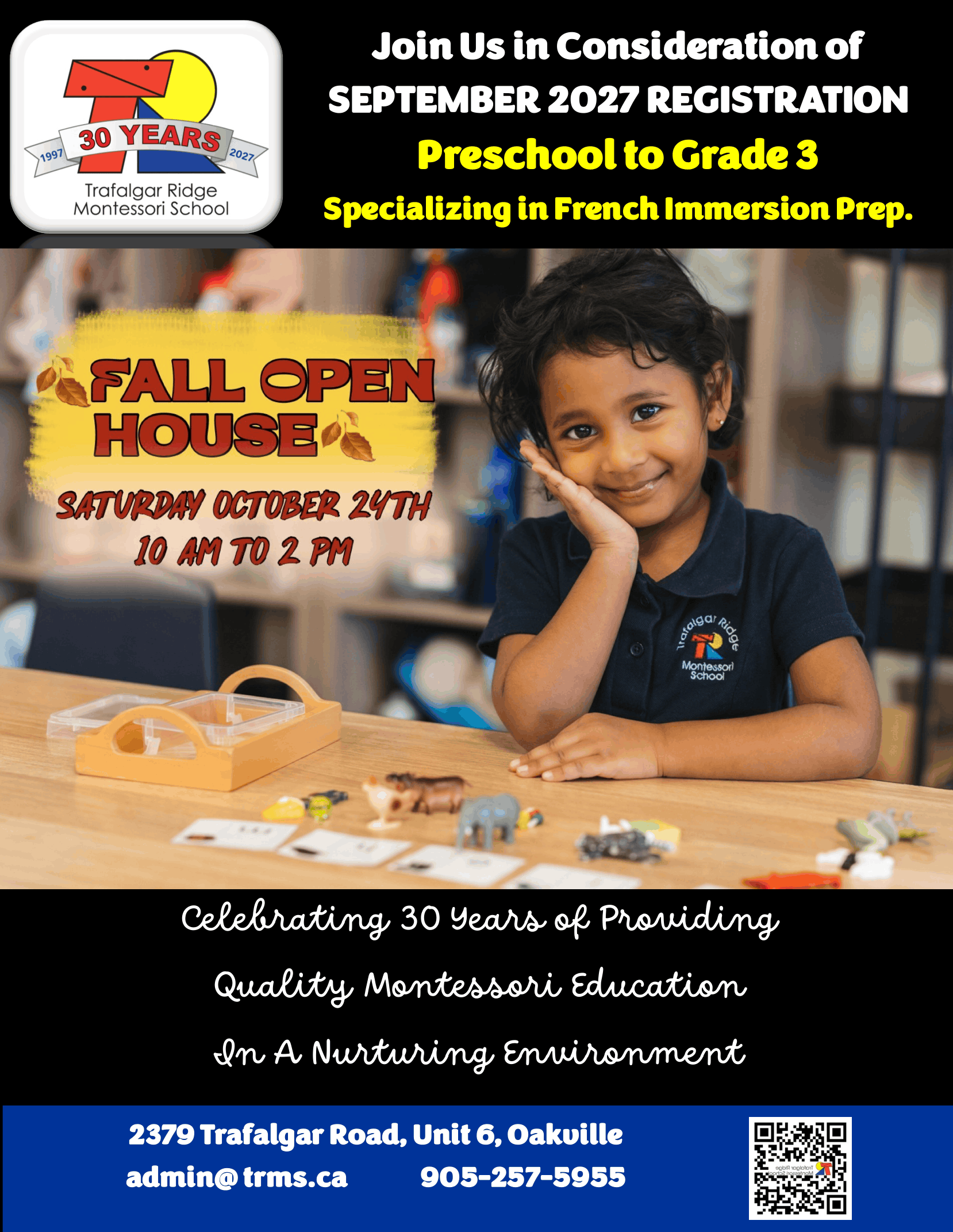 Trafalgar Ridge Montessori School Fall Open House, Saturday October 24, 10 am to 2 pm, 2379 Trafalgar Road Unit 6, Oakville. September 2027 registration, Preschool to Grade 3